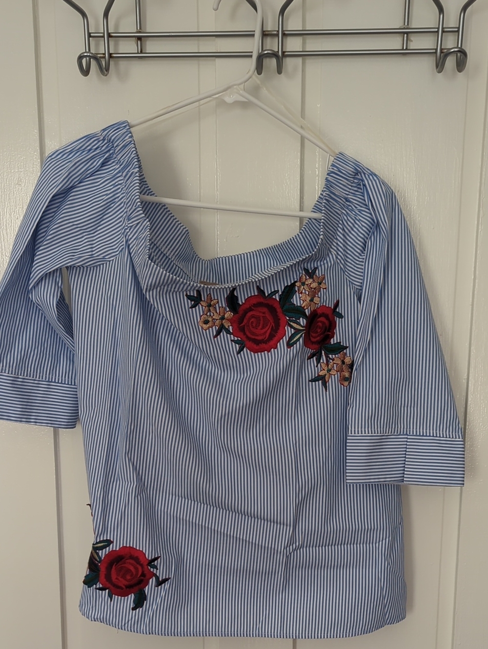Como Vintage Blue & White Striped Off-Shoulder Top with Red Rose Embroidery